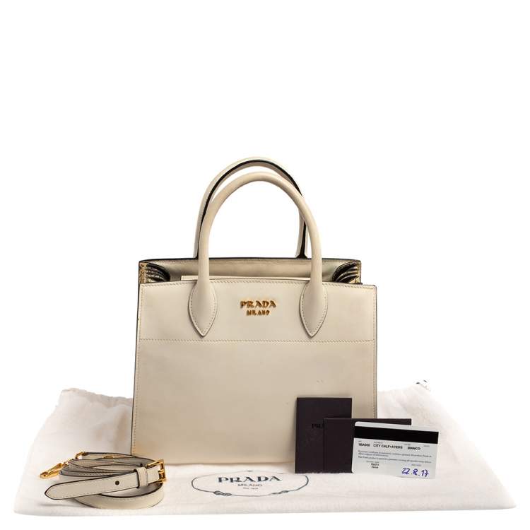 Pre Owned Prada Beige/White Leather and Snakeskin Bibliotheque Tote