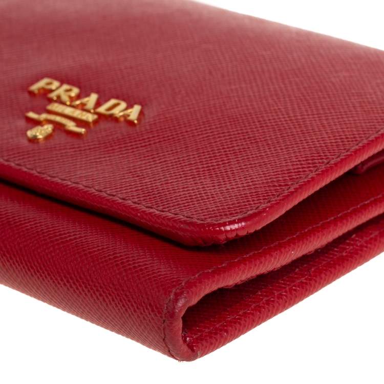 Pre Owned Prada Red Saffiano Leather Tri Fold Wallet 