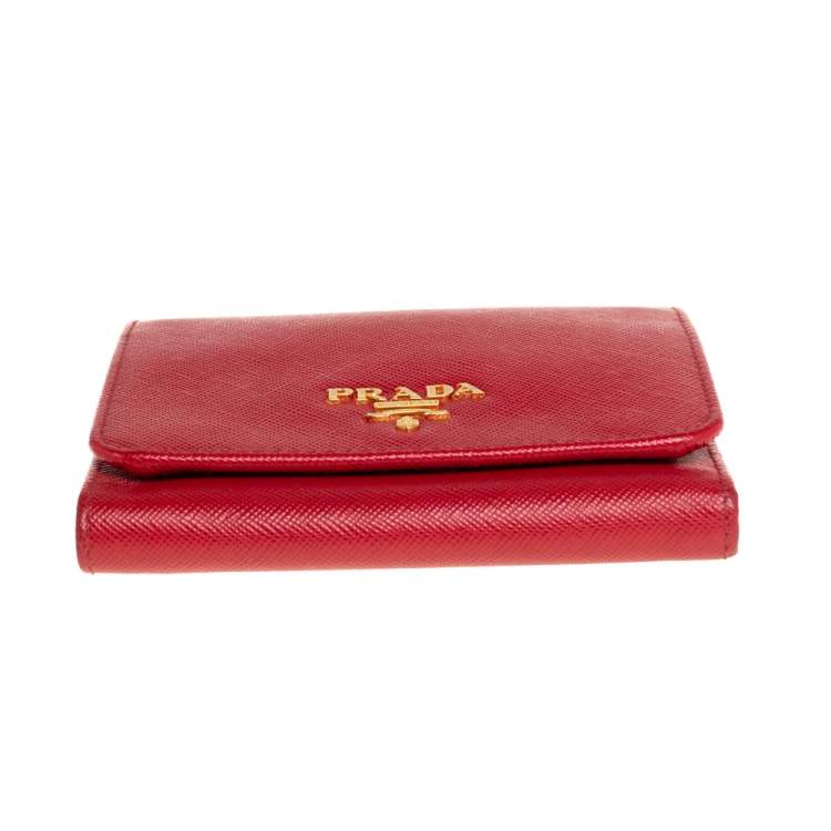 Pre Owned Prada Red Saffiano Leather Tri Fold Wallet 