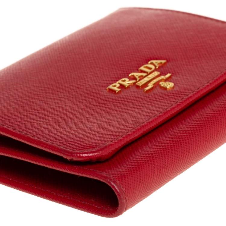 Pre Owned Prada Red Saffiano Leather Tri Fold Wallet 