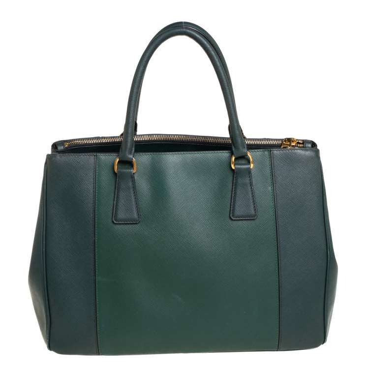Pre Owned Prada Green Bicolor Saffiano Lux Leather Medium Galleria Tote