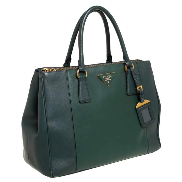 Pre Owned Prada Green Bicolor Saffiano Lux Leather Medium Galleria Tote