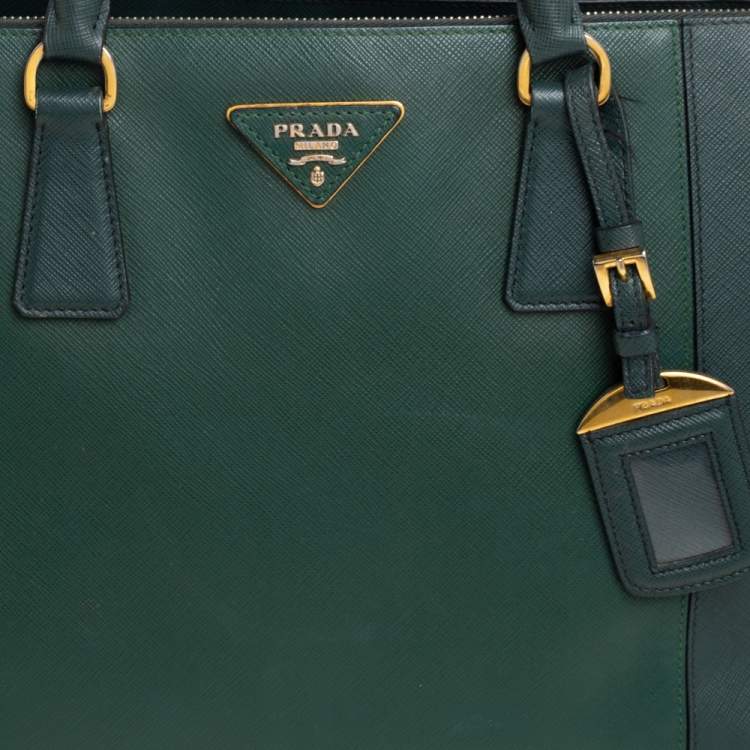 Pre Owned Prada Green Bicolor Saffiano Lux Leather Medium Galleria Tote