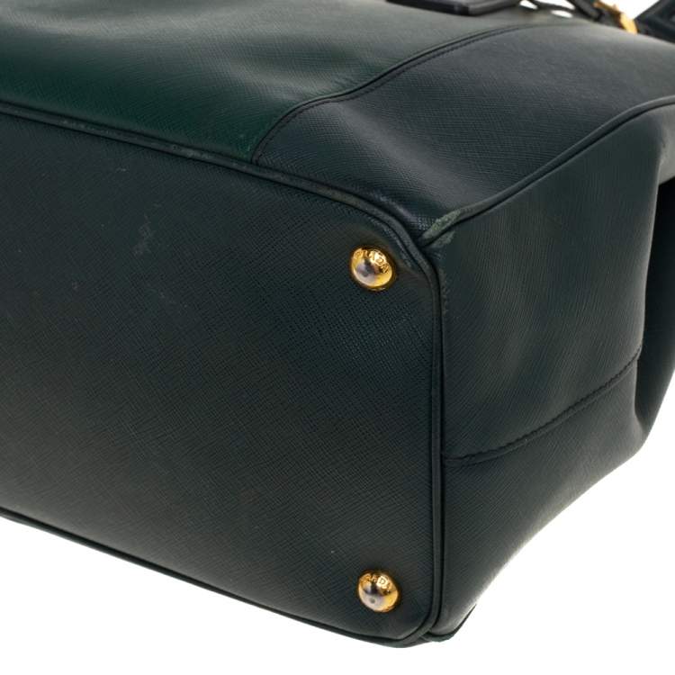 Pre Owned Prada Green Bicolor Saffiano Lux Leather Medium Galleria Tote