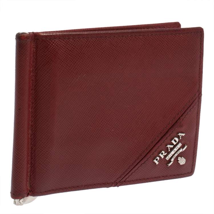 Pre Owned Prada Red Saffiano Lux Leather Money Clip Bifold Wallet