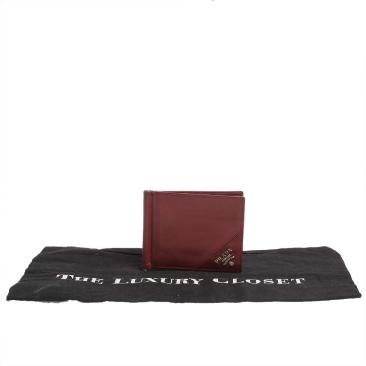 Pre Owned Prada Red Saffiano Lux Leather Money Clip Bifold Wallet