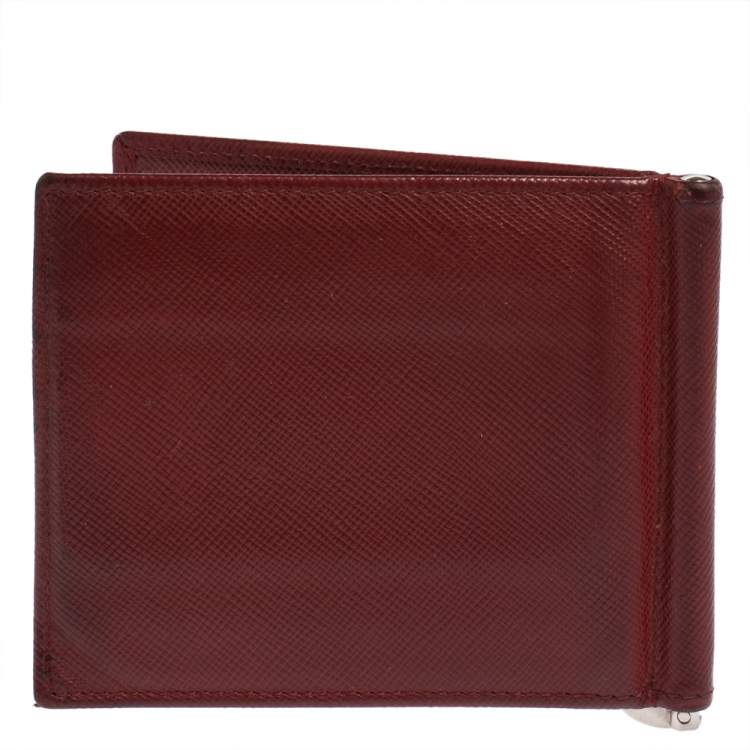 Pre Owned Prada Red Saffiano Lux Leather Money Clip Bifold Wallet