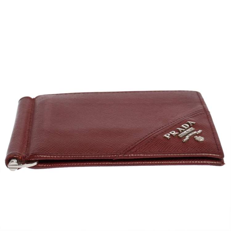 Pre Owned Prada Red Saffiano Lux Leather Money Clip Bifold Wallet
