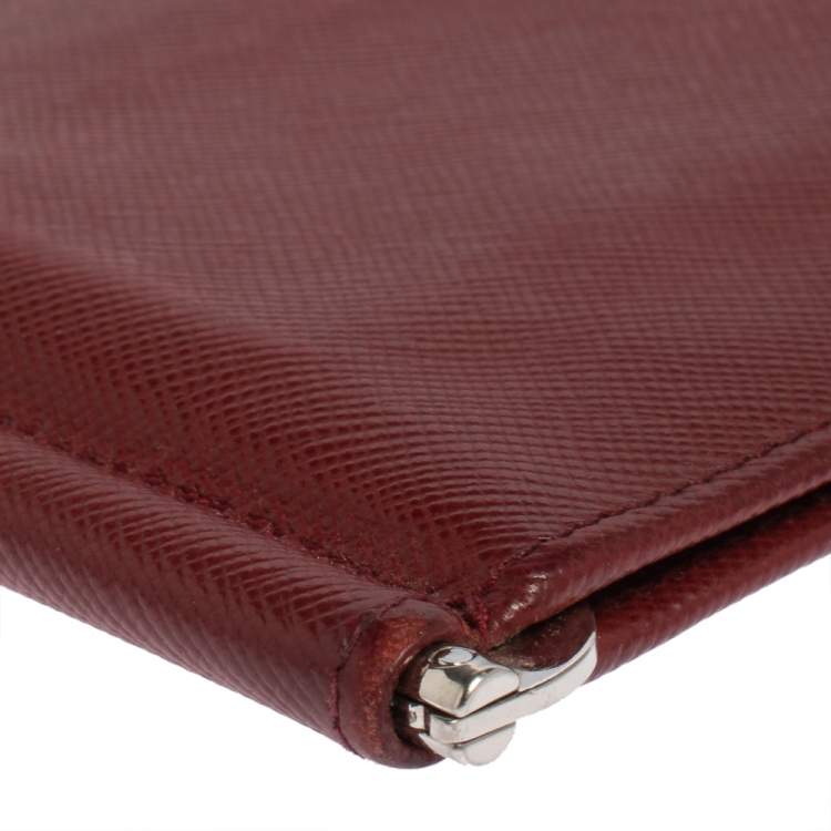 Pre Owned Prada Red Saffiano Lux Leather Money Clip Bifold Wallet