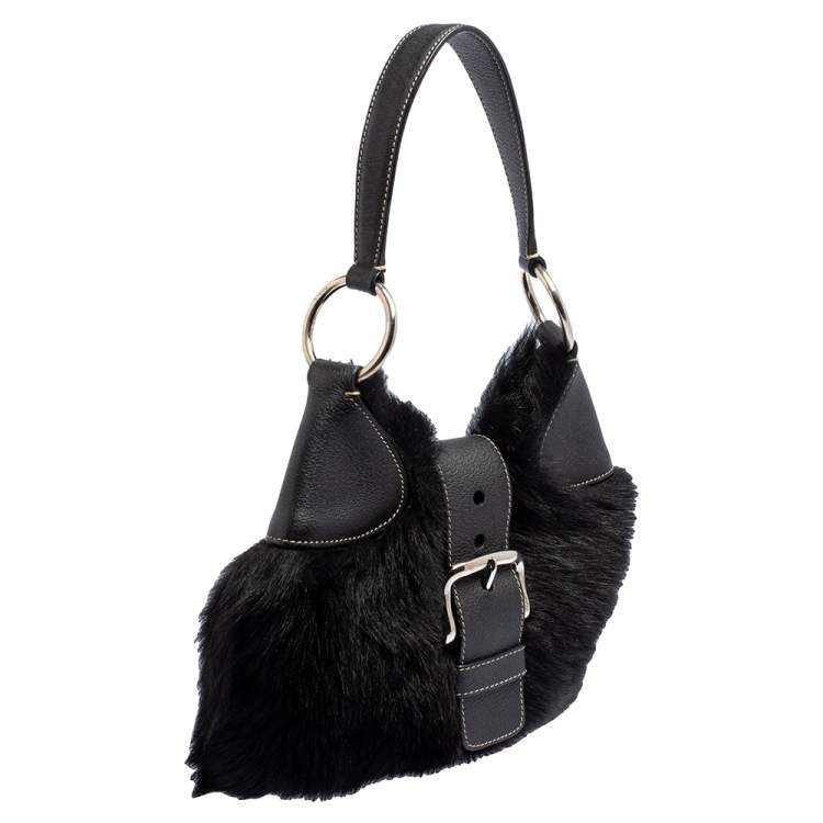 Pre Owned Prada Black Sheep Fur and Leather Buckle Flap Hobo 