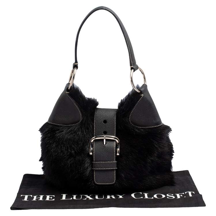 Pre Owned Prada Black Sheep Fur and Leather Buckle Flap Hobo 