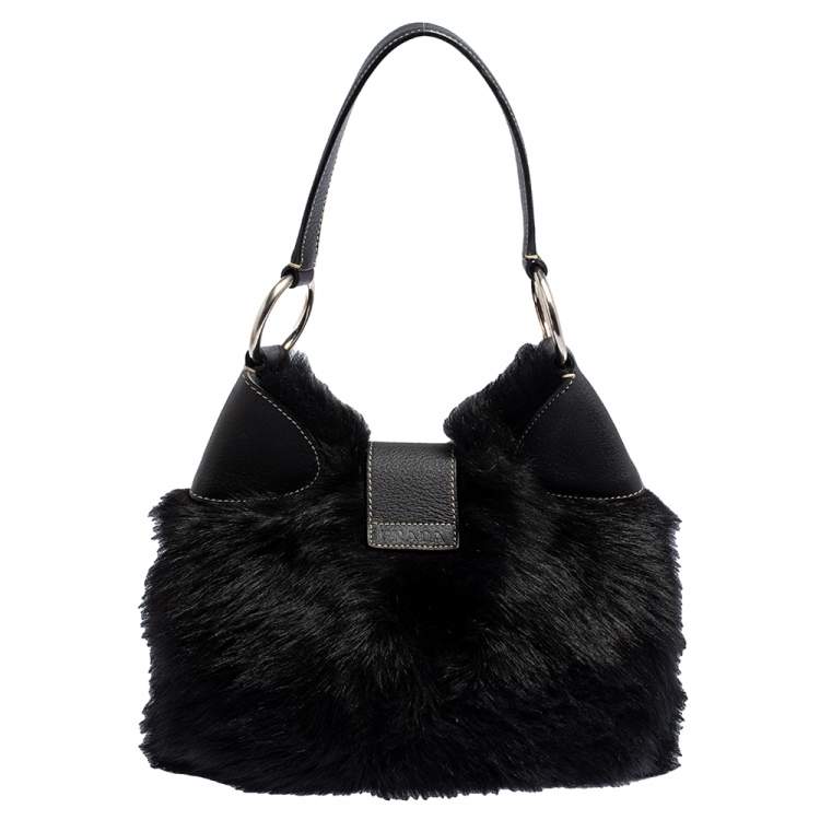 Pre Owned Prada Black Sheep Fur and Leather Buckle Flap Hobo 