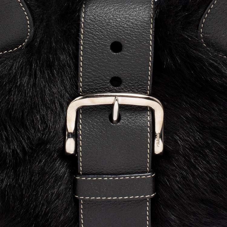 Pre Owned Prada Black Sheep Fur and Leather Buckle Flap Hobo 