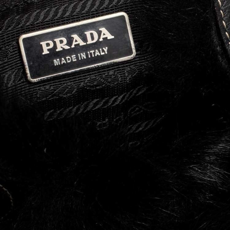Pre Owned Prada Black Sheep Fur and Leather Buckle Flap Hobo 