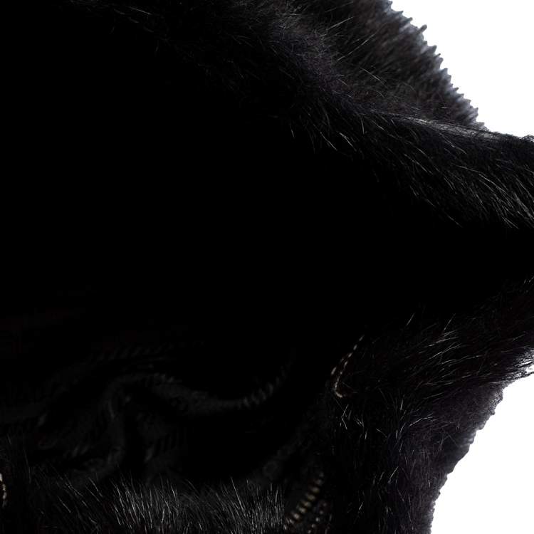 Pre Owned Prada Black Sheep Fur and Leather Buckle Flap Hobo 