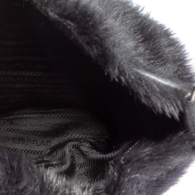 Pre Owned Prada Black Sheep Fur and Leather Buckle Flap Hobo 