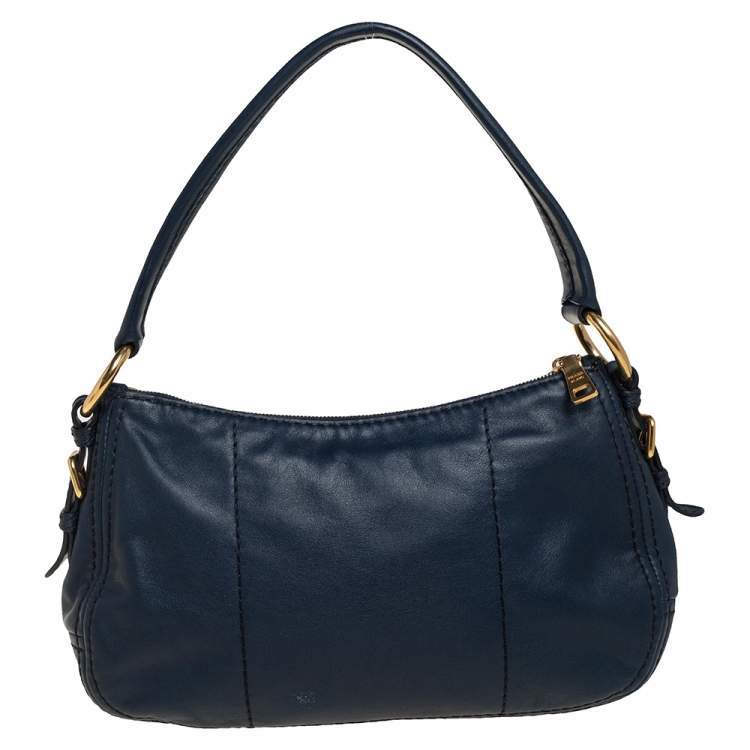 Pre Owned Prada Navy Blue Leather Zip Top Hobo