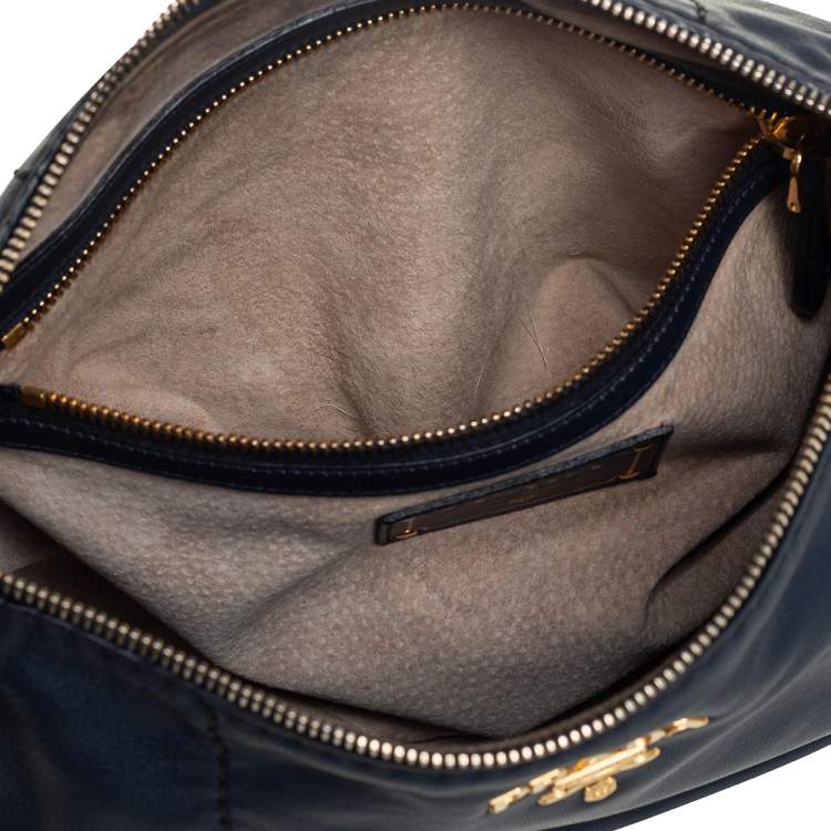 Pre Owned Prada Navy Blue Leather Zip Top Hobo