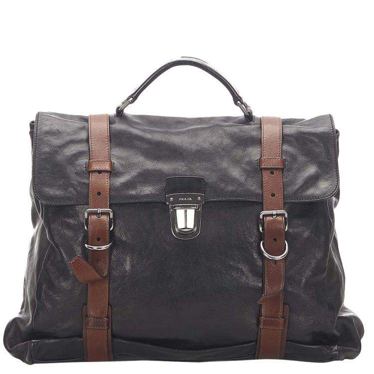 Pre Owned Prada Black Calf Leather Business Top Handle Bag