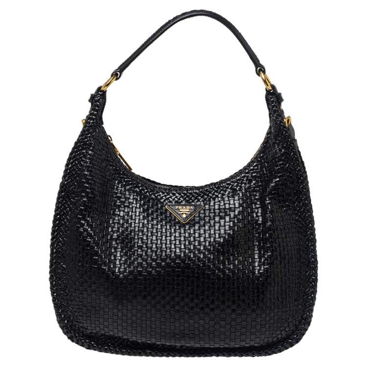 Pre Owned Prada Black Woven Leather Madras Hobo