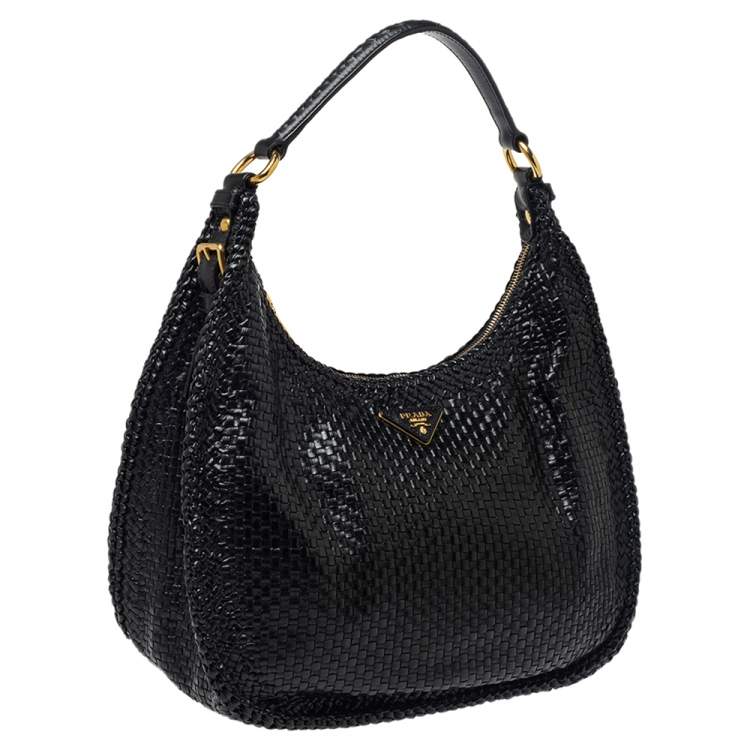 Pre Owned Prada Black Woven Leather Madras Hobo