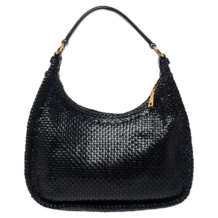 Pre Owned Prada Black Woven Leather Madras Hobo