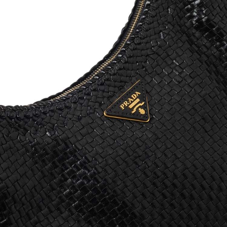 Pre Owned Prada Black Woven Leather Madras Hobo