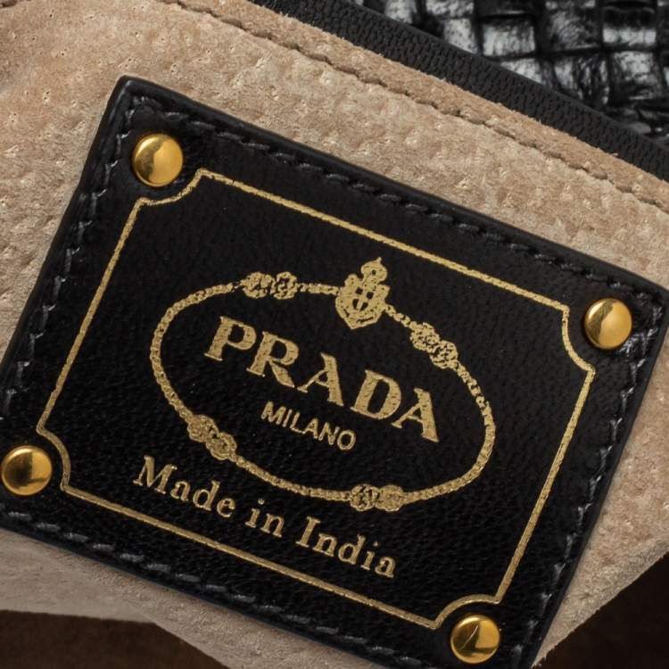 Pre Owned Prada Black Woven Leather Madras Hobo