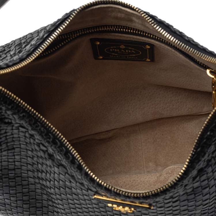 Pre Owned Prada Black Woven Leather Madras Hobo