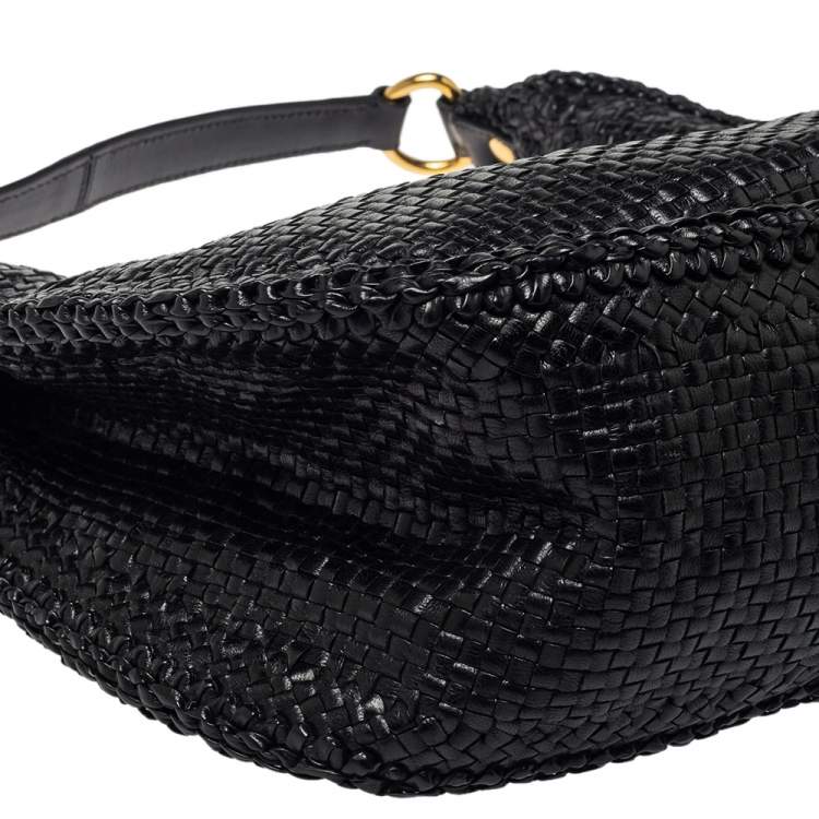 Pre Owned Prada Black Woven Leather Madras Hobo