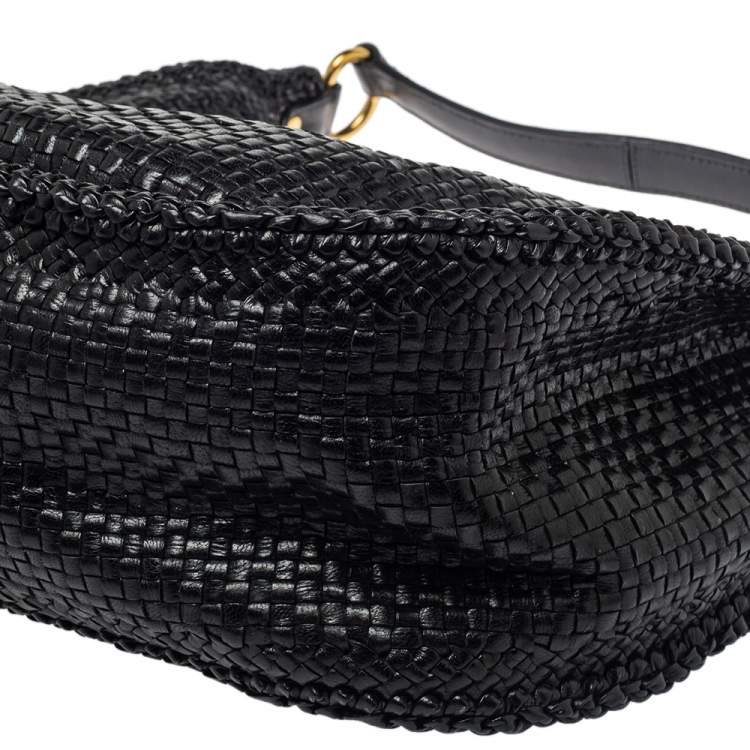 Pre Owned Prada Black Woven Leather Madras Hobo