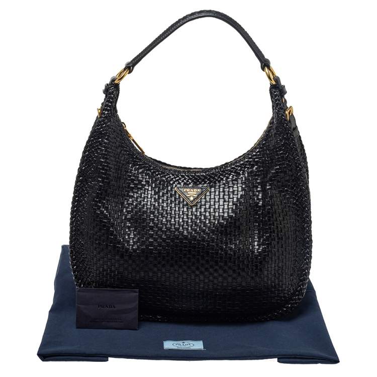 Pre Owned Prada Black Woven Leather Madras Hobo