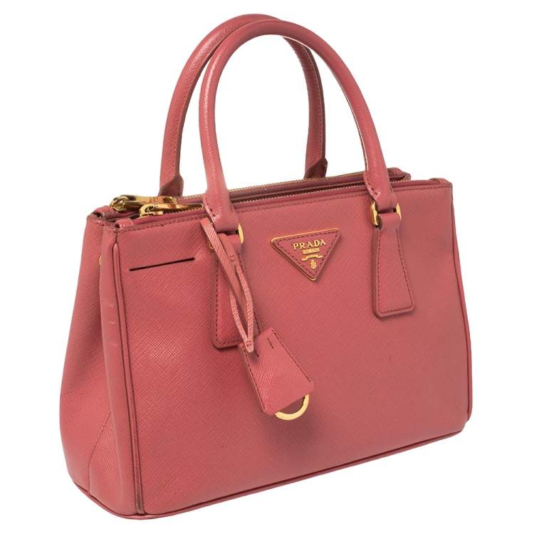 Pre Owned Prada Coral Pink Saffiano Lux Leather Mini Galleria Double Zip Tote