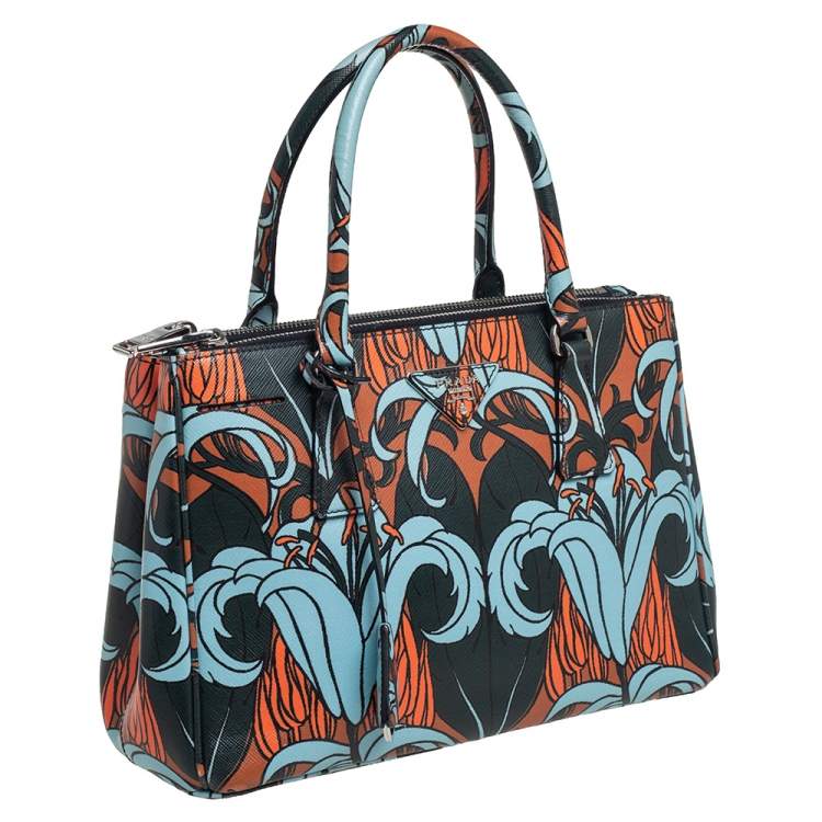 Pre Owned Prada Multicolor Lily Print Saffiano Leather Small Galleria Tote
