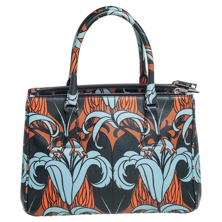 Pre Owned Prada Multicolor Lily Print Saffiano Leather Small Galleria Tote