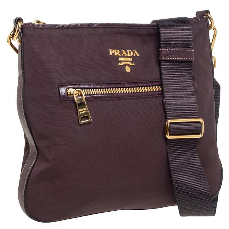 Pre Owned Prada Dark Burgundy Nylon and Leather Zip Messenger Bag