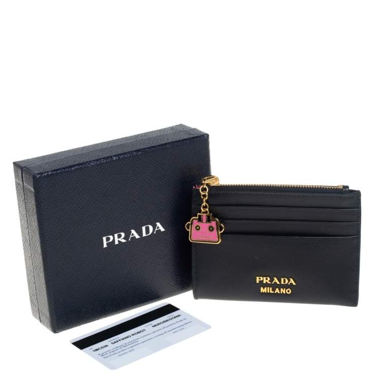 Pre Owned Prada Black Saffiano Lux Leather Zip Card Holder