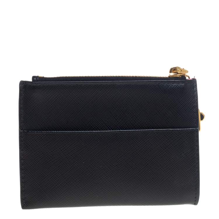 Pre Owned Prada Black Saffiano Lux Leather Zip Card Holder
