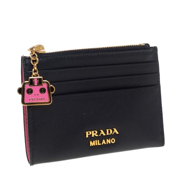 Pre Owned Prada Black Saffiano Lux Leather Zip Card Holder