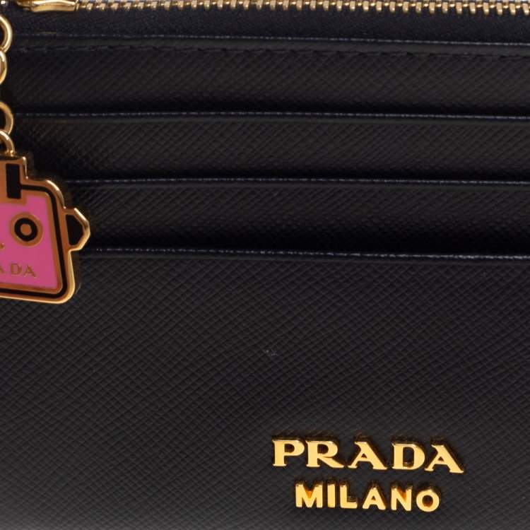 Pre Owned Prada Black Saffiano Lux Leather Zip Card Holder