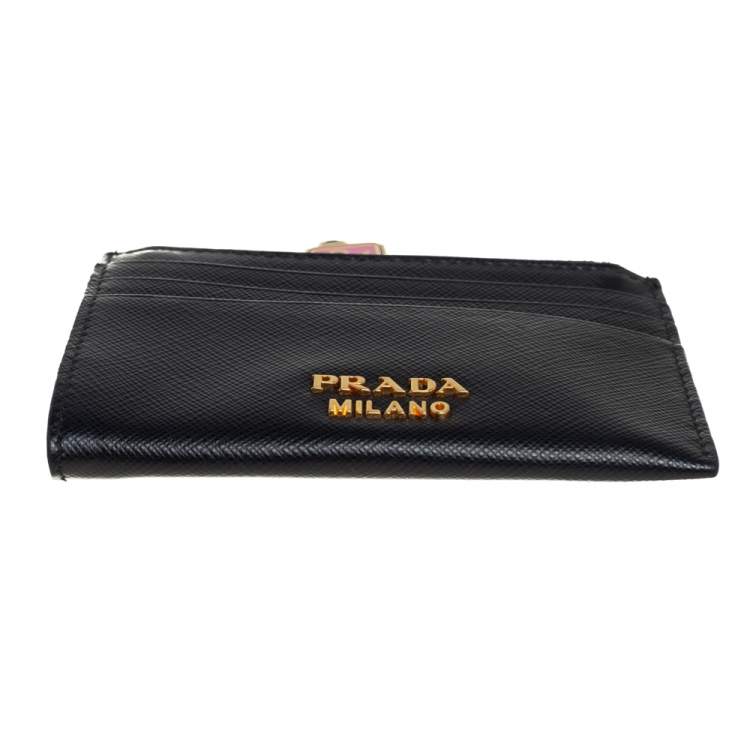 Pre Owned Prada Black Saffiano Lux Leather Zip Card Holder