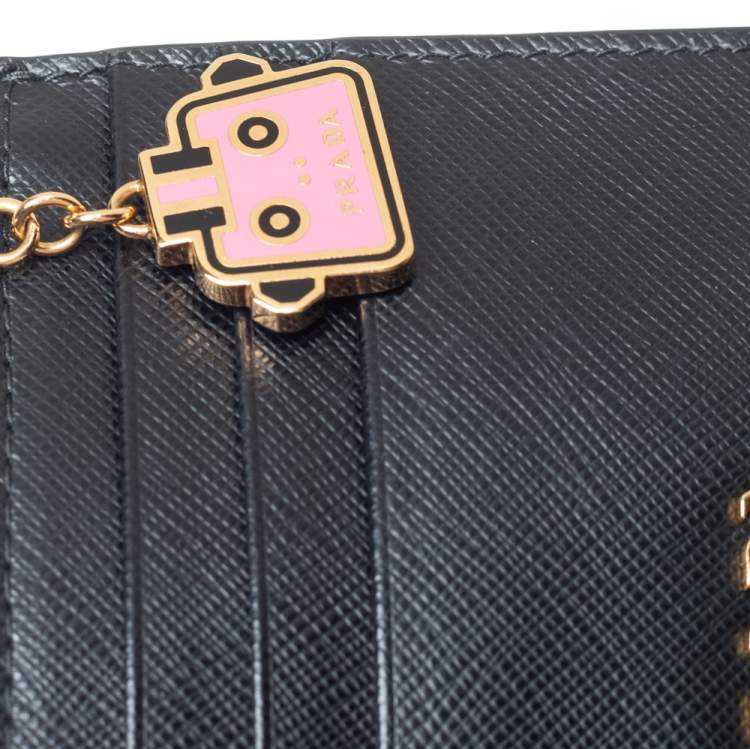 Pre Owned Prada Black Saffiano Lux Leather Zip Card Holder