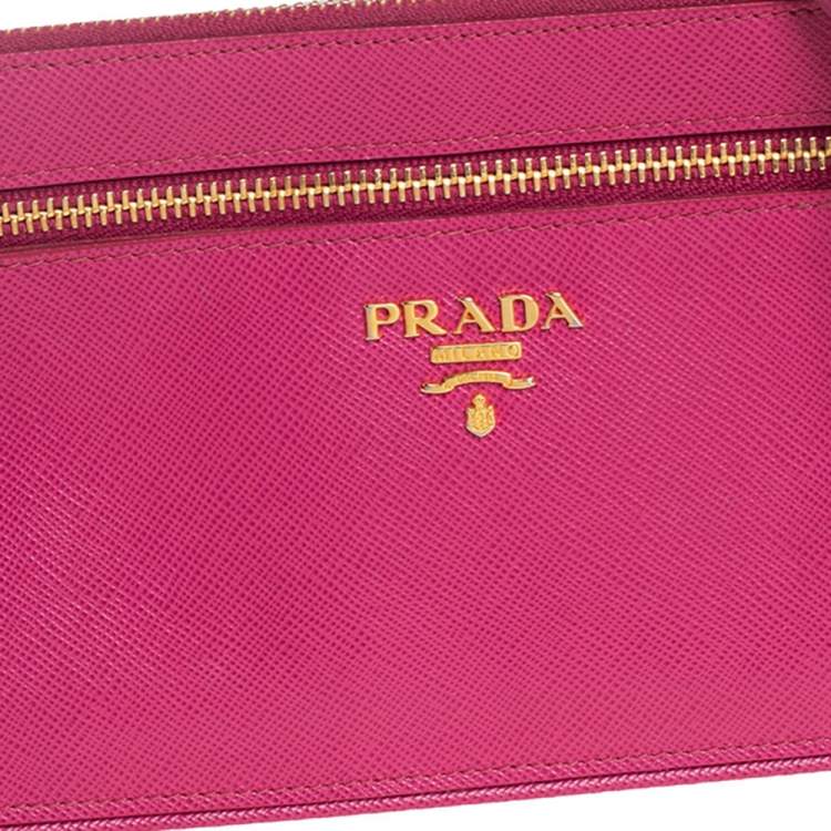 Pre Owned Prada Pink Saffiano Leather Wallet On Chain
