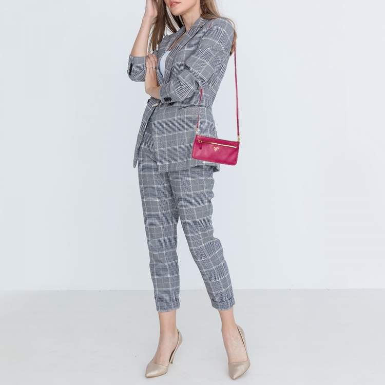 Pre Owned Prada Pink Saffiano Leather Wallet On Chain