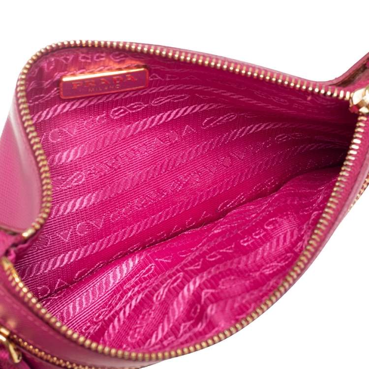 Pre Owned Prada Pink Saffiano Leather Wallet On Chain