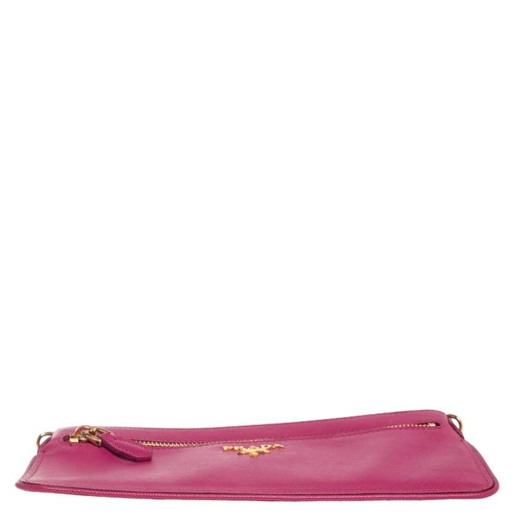 Pre Owned Prada Pink Saffiano Leather Wallet On Chain