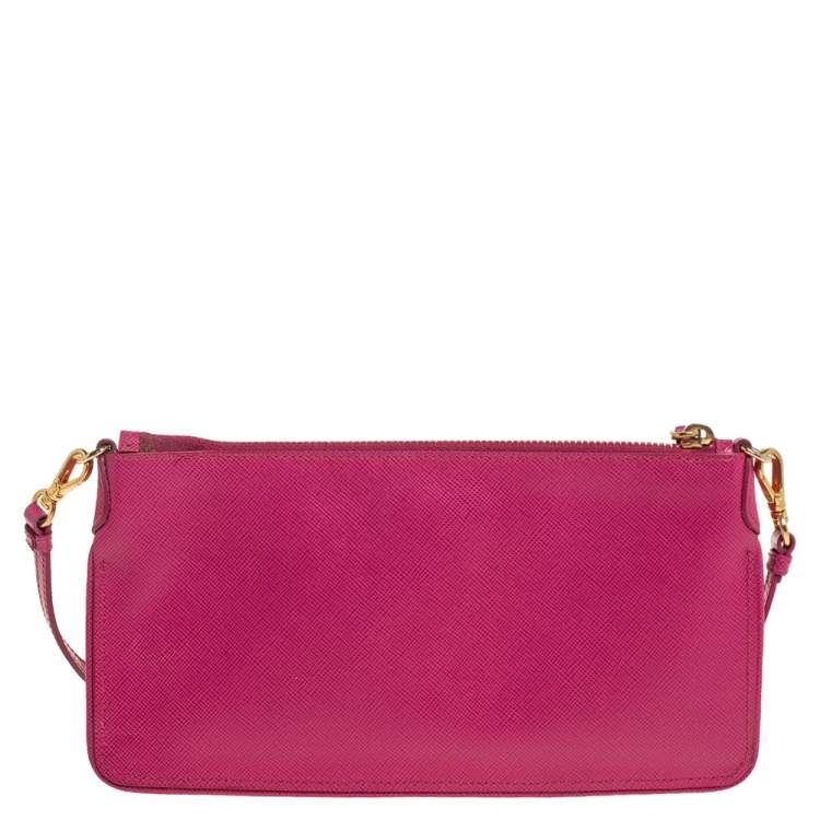 Pre Owned Prada Pink Saffiano Leather Wallet On Chain