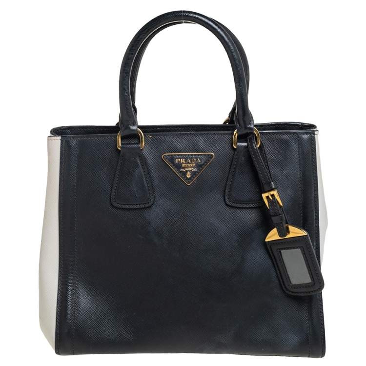 Pre Owned Prada White/Black Saffiano Leather Gardener's Tote