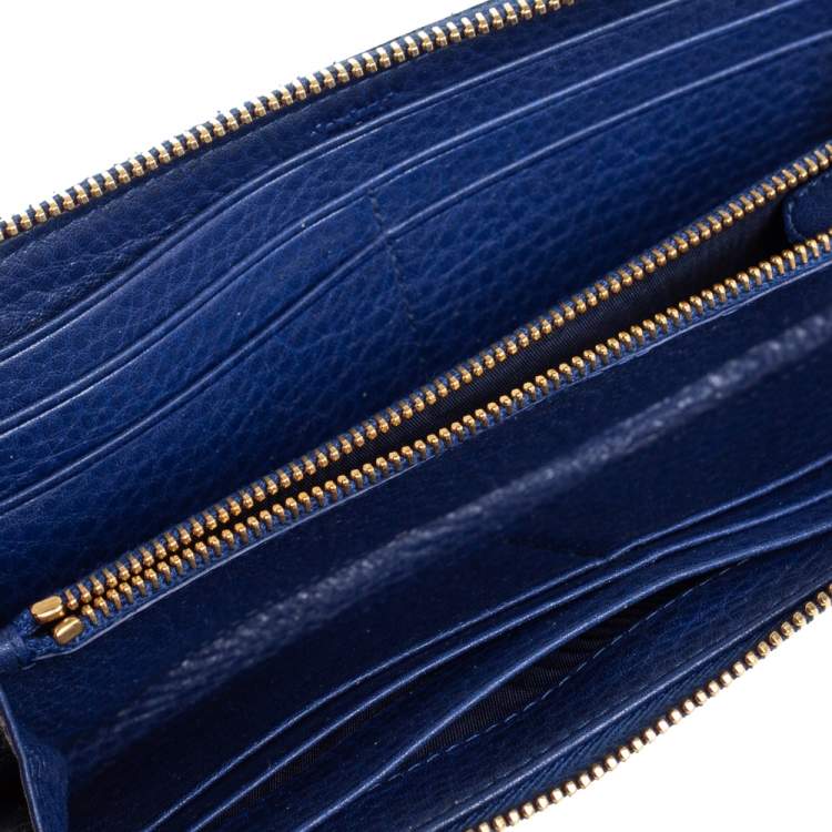 Prada Blue Vitello Daino Leather Zip Around Wallet Prada