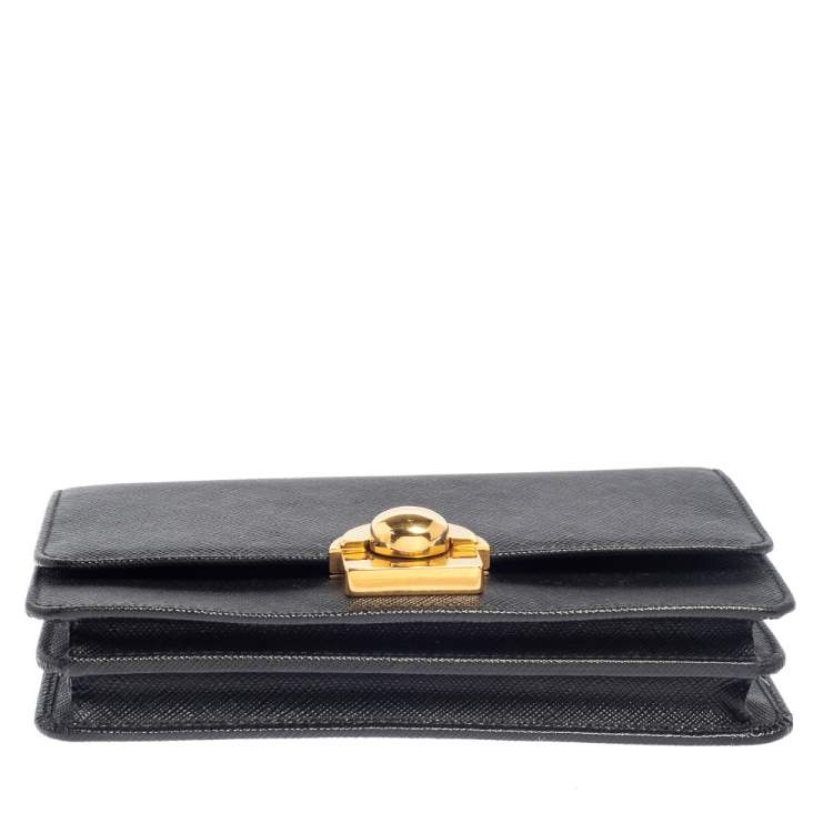 Pre Owned Prada Black Saffiano Leather Arcade Wallet on Chain